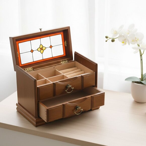 Vintage Wooden Musical Jewelry Box with Stained Glass Lid Trinket Box Storage - Picture 1 of 15